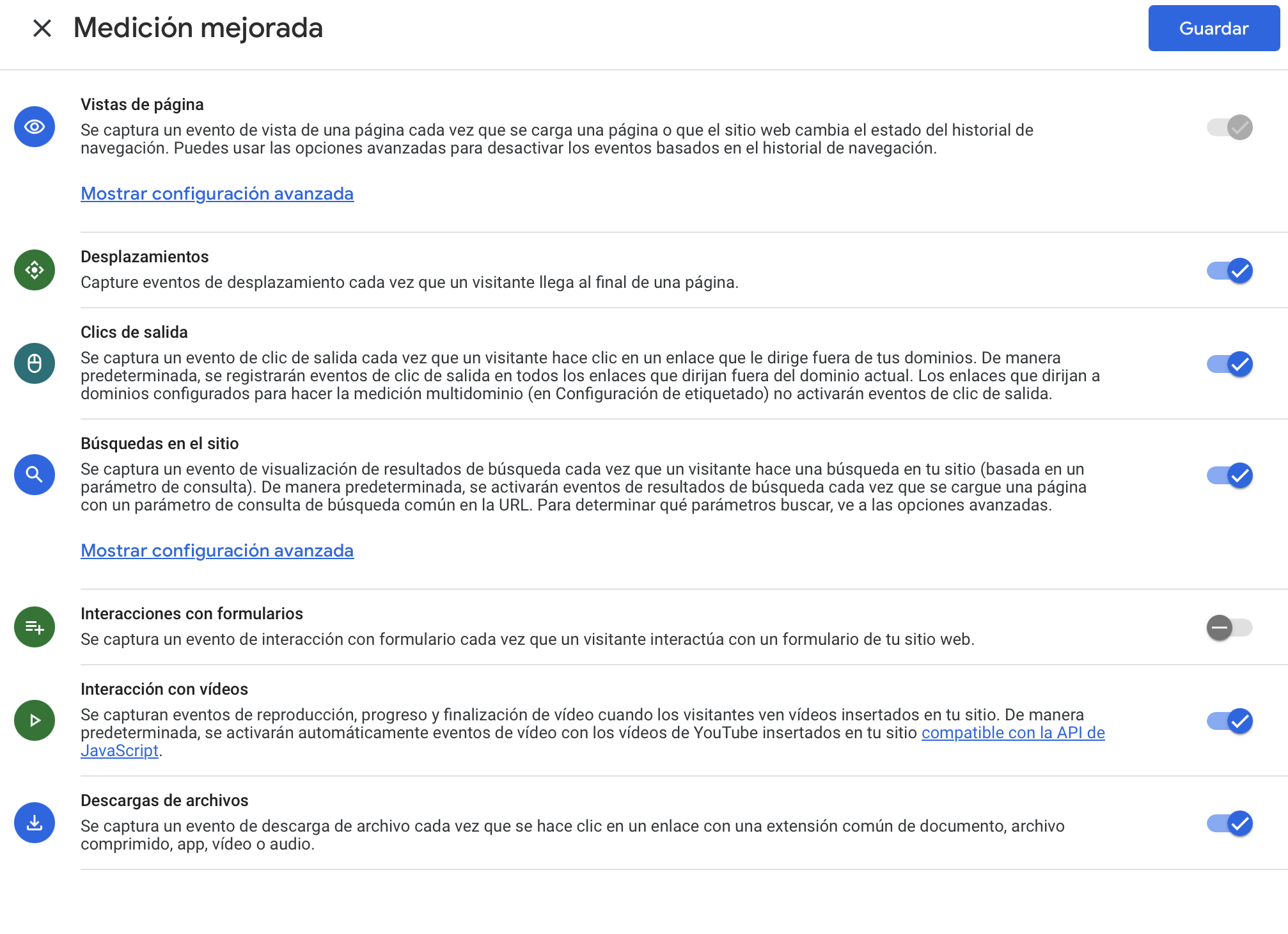 Configuración de los eventos de medición mejorada